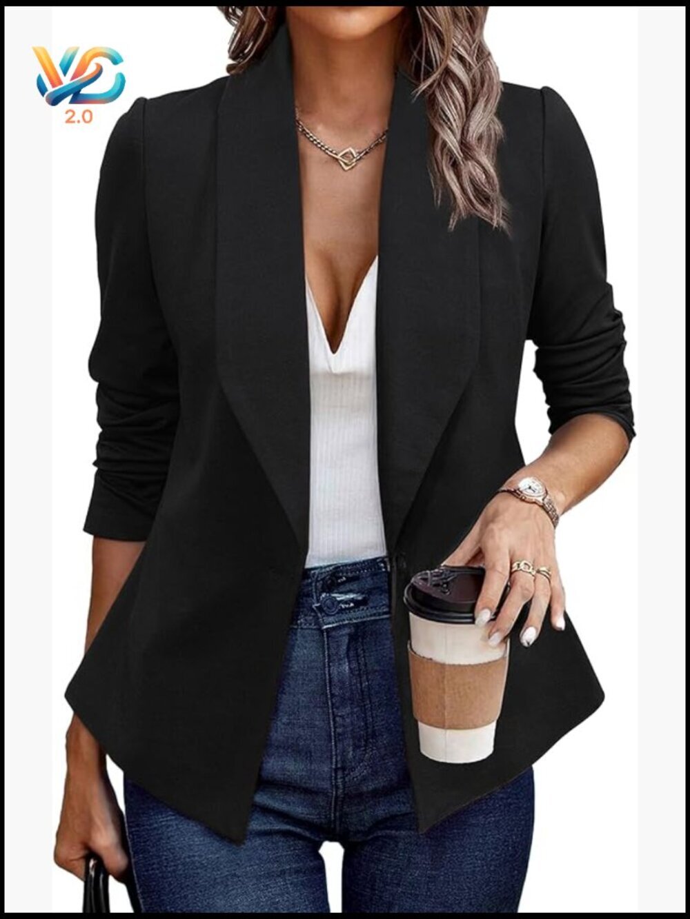 Long Sleeve Open Front Blazer, Slim Fit, Lightweight Polyester Blend, Office